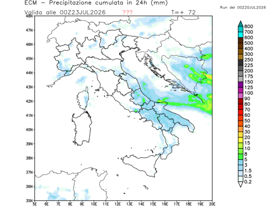 Precipitazioni attese tra martedì e mercoledì (ECMWF)