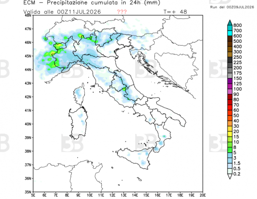 Precipitazioni attese venerdì da ECMWF