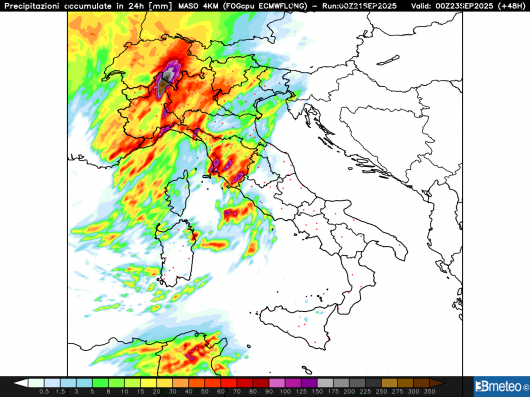 Precipitazioni complessive attese per la giornata di lunedì