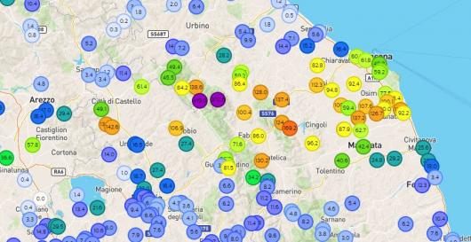 Precipitazioni in mm (litri di acqua per metro quadrato) nella giornata del 15 settembre