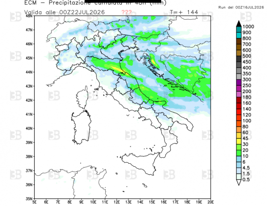 Precipitazioni previste dal modello martedì