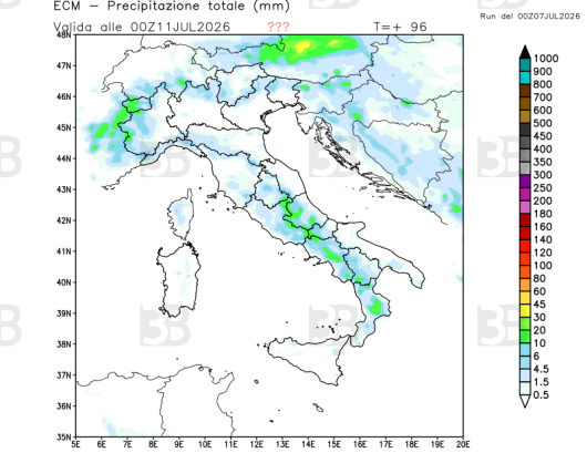 Precipitazioni totale attese sino a venerdì 10 luglio