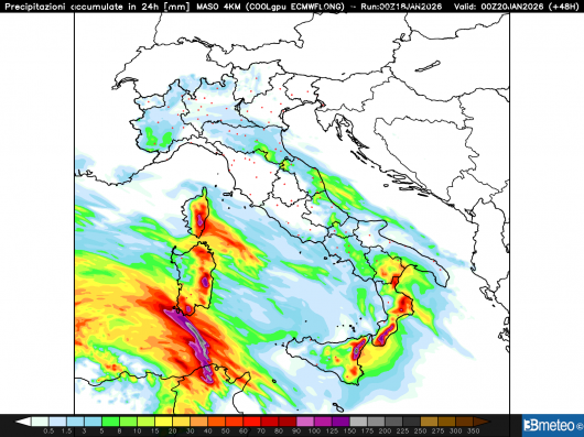 Precipitazioni totali lunedì 19 gennaio
