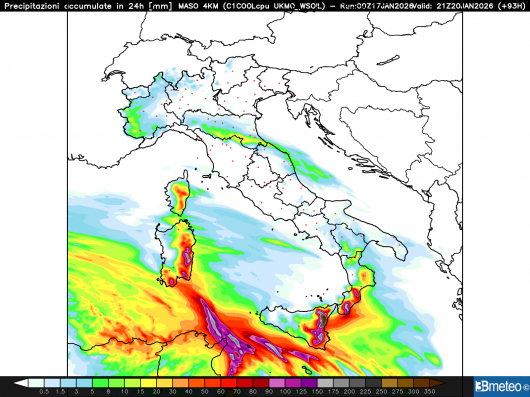 Precipitazioni totali martedì 20 gennaio