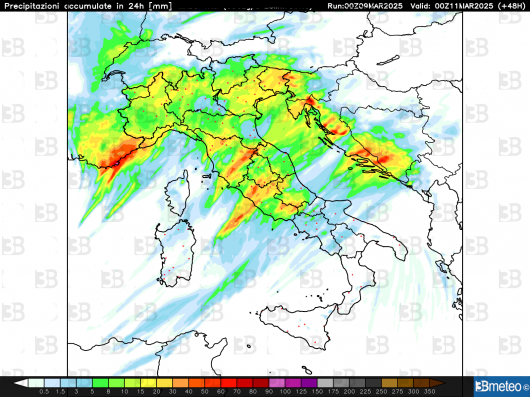 Precipitazioni totali previste nelle 24h di lunedì