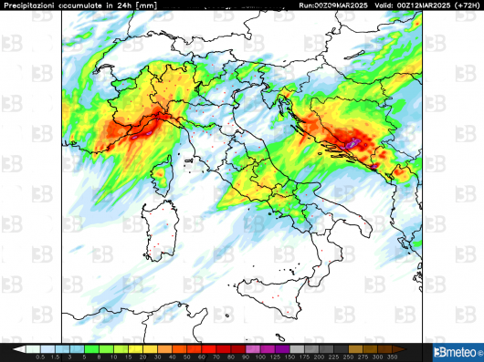 Precipitazioni totali previste nelle 24h di martedì