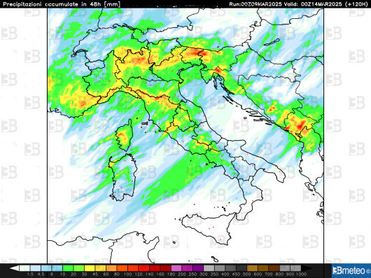 Precipitazioni totali previste nelle 48h tra mercoledì e giovedì