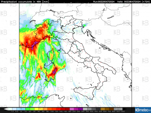 Previsione cumulo precipitazioni totale tra sabato e domenica
