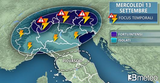 Previsioni meteo per mercoledì: aree a rischio rovesci e/o temporali