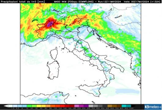 Quantità totale di precipitazione accumulata fino a tutta la giornata di giovedì 16 maggio