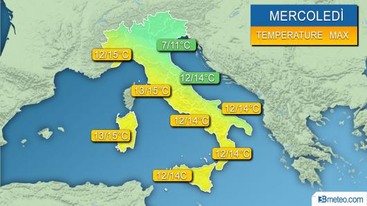 Range di temperature massime previste mercoledì