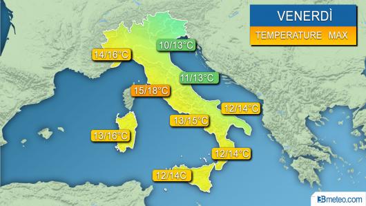 Range di temperature massime previste venerdì