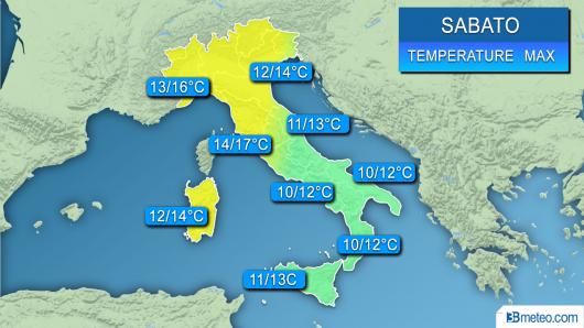 Range di temperature massime previsto sull'Italia nella giornata di sabato