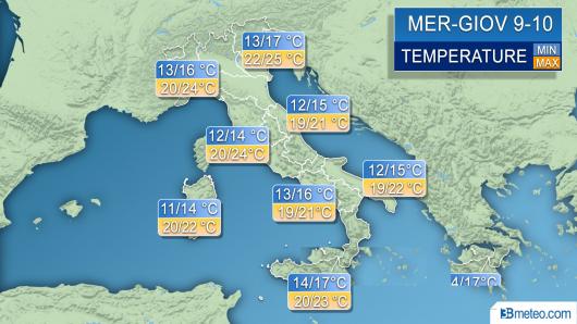 Range temperature massime e minime tra Mercoledì 9 Maggio e Giovedì 10 Maggio