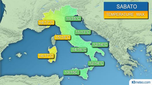 Range temperature massime previste nella giornata di sabato