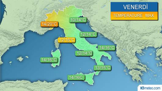 Range temperature massime previste nella giornata di venerdì