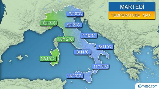 Range temperature massime previste per martedì