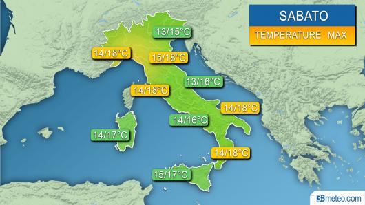 Range temperature massime previste per sabato