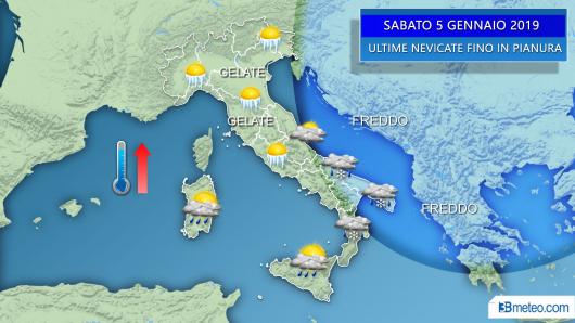 Sabato 5 gennaio, ancora freddo e neve residua fino in pianura al Sud, temperature massime in recupero