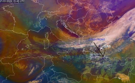 satellite image of low pressure system Elpis which is centered over the northern Aegean Sea