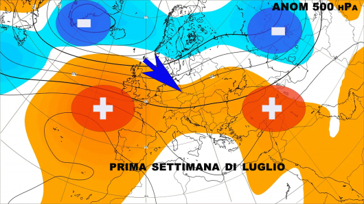 scenario a 500 hPa nella prima settimana di luglio. Fonte Ecmwf