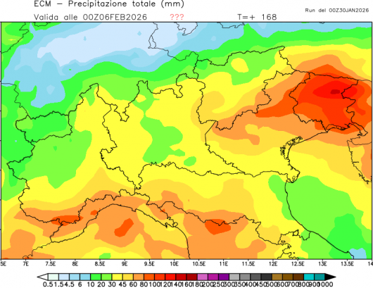 Stima precipitazione totale alla data del 5 febbraio