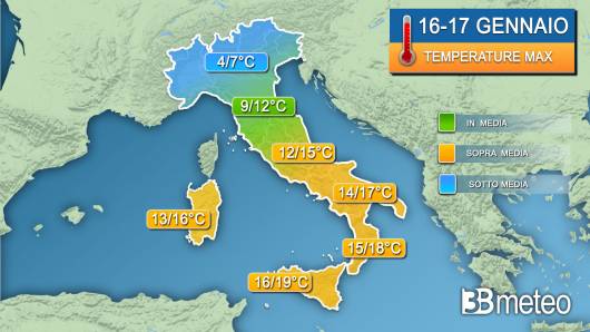 Stima temperature massime 16-17 gennaio