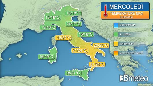 Stima temperature massime attese mercoledì 27 marzo