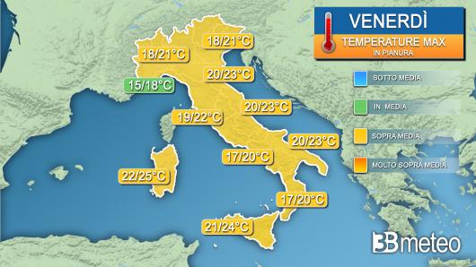 Stima temperature massime attese venerdì 29 marzo
