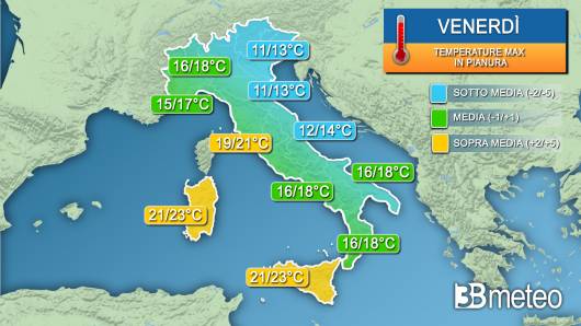 Stima temperature massime venerdì 10 aprile