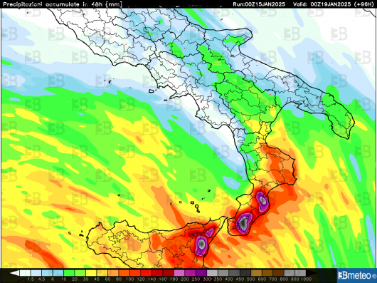 Sud Italia: accumulo complessivo precipitazioni previste fino a venerdì sera