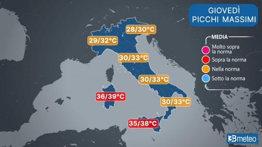 Temperature giovedì (picchi massimi)