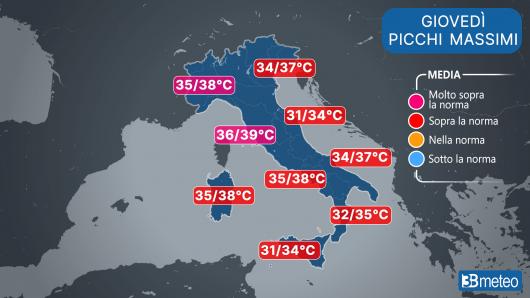 Temperature giovedì (picchi massimi)
