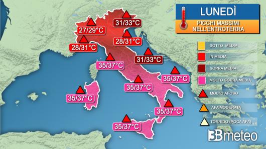 Temperature lunedì, picchi massimi nell'entroterra