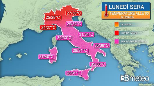 Temperature lunedì tarda sera (mezzanotte)