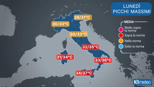 Temperature lunedì (picchi massimi)