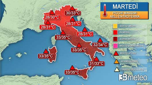 Temperature martedì, picchi massimi nell'entroterra