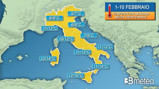 Temperature massime 1 decade di febbraio, media trentennale
