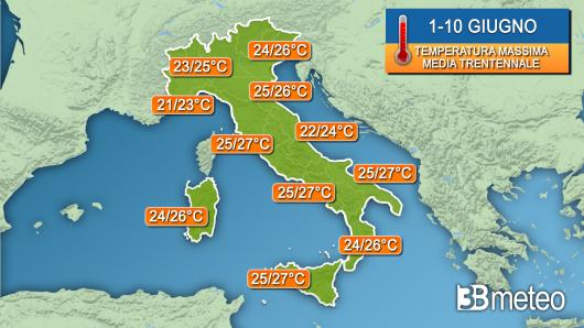 Temperature massime 1° decade di giugno secondo la media trentennale