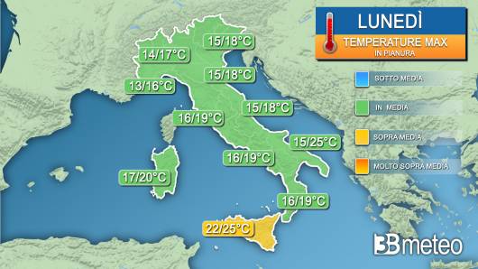 Temperature massime attese lunedì 25 marzo