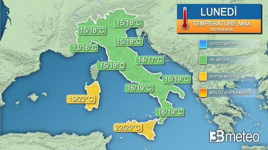 Temperature massime attese lunedì 25 marzo