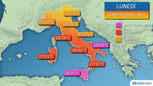 Temperature massime attese lunedì