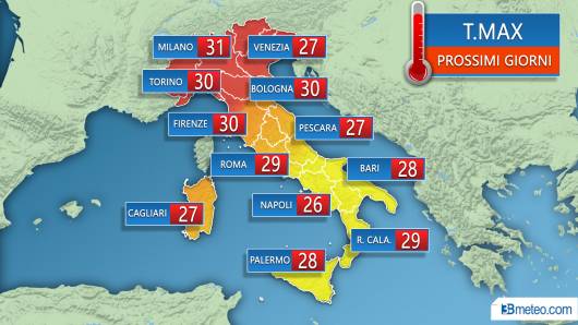 Temperature massime attese nei prossimi giorni in Italia