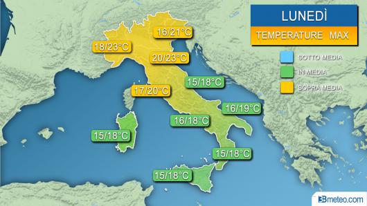 Temperature massime attese nella giornata di lunedì