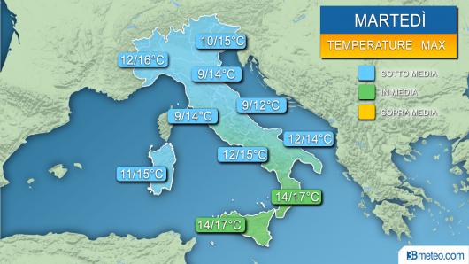 Temperature massime attese nella giornata di martedì