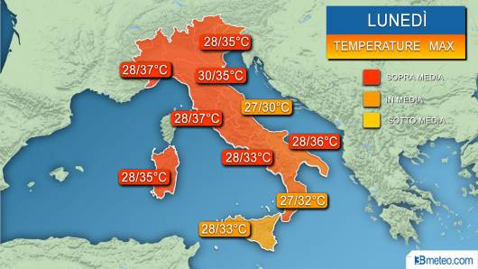 Temperature massime attese per lunedì