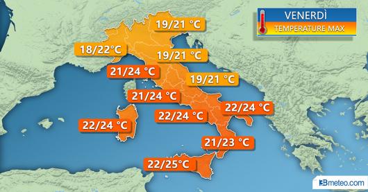 Temperature massime attese per venerdì