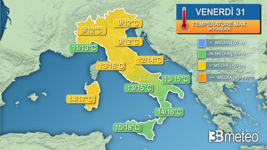 Temperature massime attese venerdì 31 gennaio