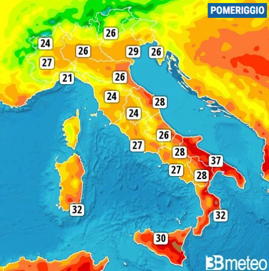 Temperature massime di lunedì