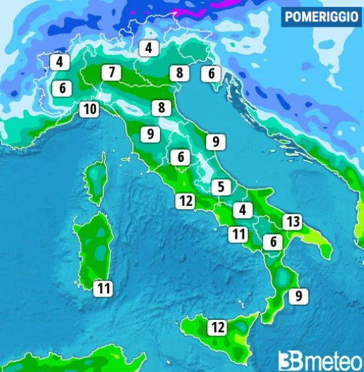 Temperature massime di lunedì 8 gennaio